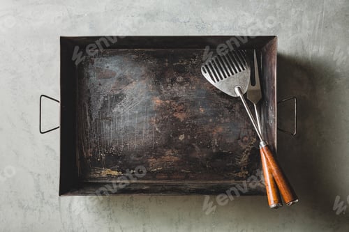 Preview: Empty baking sheet with fork and Spatula for Grill, Top view