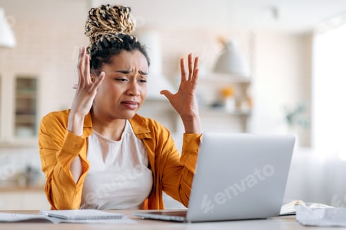 Preview: african american girl student manager laptop tense crying