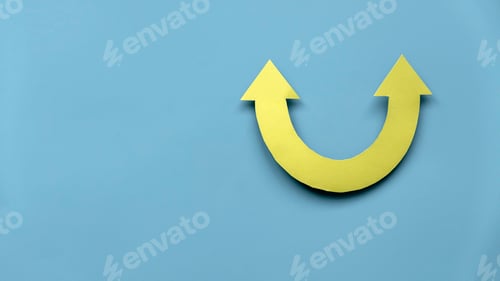Preview: Yellow arrow pathway sign choices. Future life with different direction symbol.
