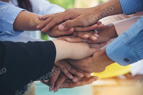 Preview: Close up hands Teamwork group of multiracial people meeting. Diversity people hands partnership