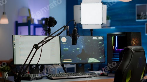Preview: Empty gaming studio with RGB led lights powerful personal computer