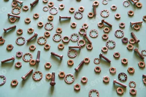 Preview: Scattered metal nuts bolts and washers on mint background