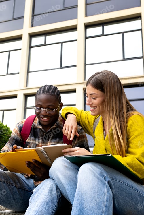 Preview: Smiling students studying together outdoors on university campus