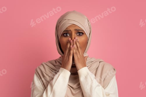 Preview: Oh No. Shocked Muslim Woman In Hijab Covering Mouth With Hands