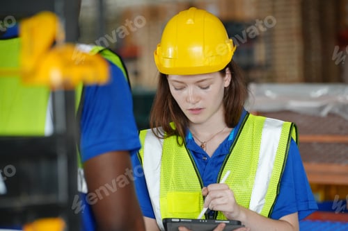 Preview: Young warehouse workers working together.