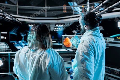 Preview: Team of astronauts doing brainstorming before landing spaceship on Mars