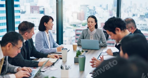 Preview: Employees, manager talking and office meeting for review, communication and teamwork in Japan. Busi
