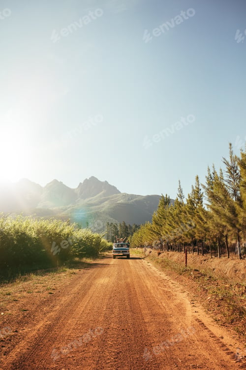 Preview: Distant car approaching on a rural dirt road on a sunny day