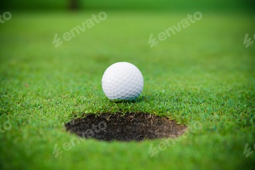Preview: golf ball on lip of cup. Golf ball and hole