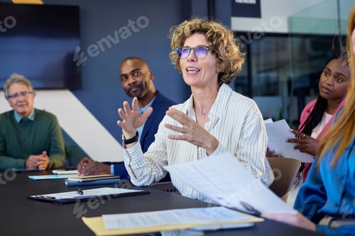 Preview: Mature businesswoman talking in a office meeting