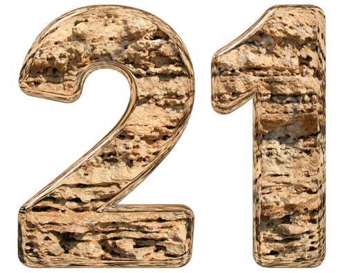 Preview: Numeral 21, twenty one, isolated on white, natural limestone, 3d illustration