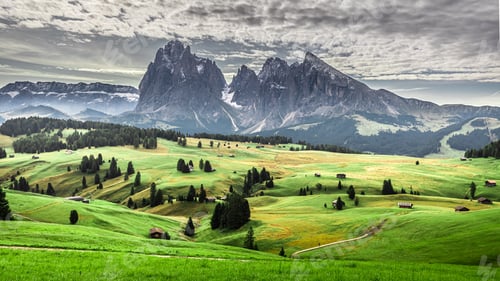 Preview: Green hills in Alpe di Siusi at sunrise, Dolomites