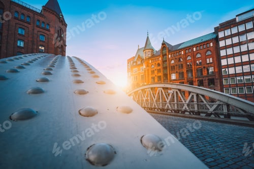 Preview: Perspective of iron arch bridges in historical warehouses in Speicherstad district in Hamburg