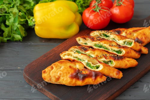 Preview: Stuffed bread, turkish pie with herbs on wooden board
