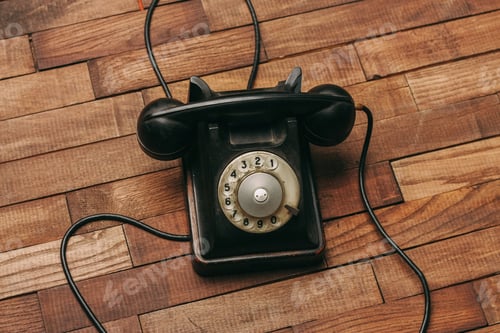 Preview: retro telephone black on a wooden floor classic to technology