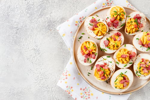 Preview: Spicy, stuffed ramen eggs, with bacon and green onions, homemade, no people,
