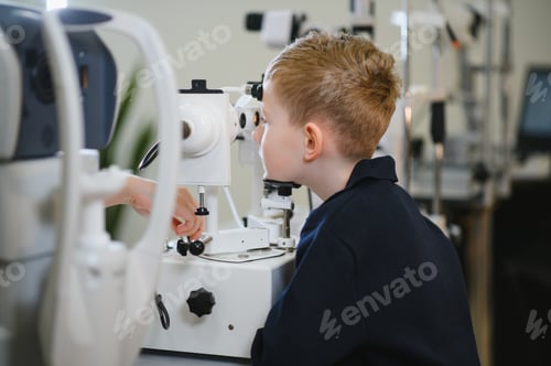 Preview: Child patient undergoing vision diagnostics with ophthalmologist in clinic