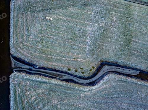 Preview: A serene aerial view of a winding river amidst lush fields