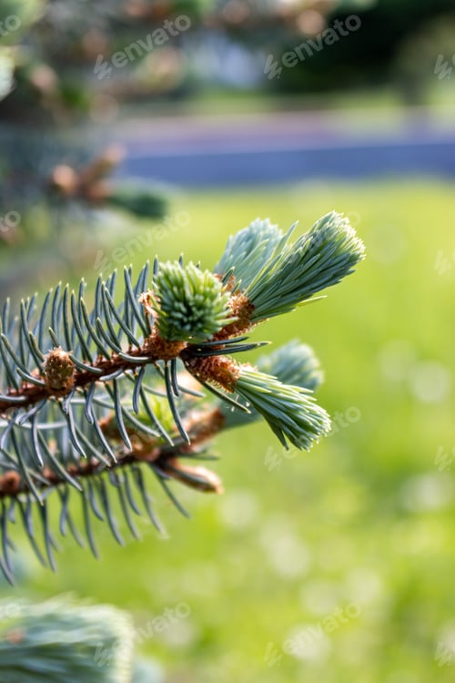 Preview: Green coniferous twig close-up on a blurry background