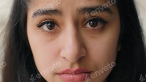 Preview: Close up woman sad face with big eyes anxious upset frustrated young teen girl businesswoman feel