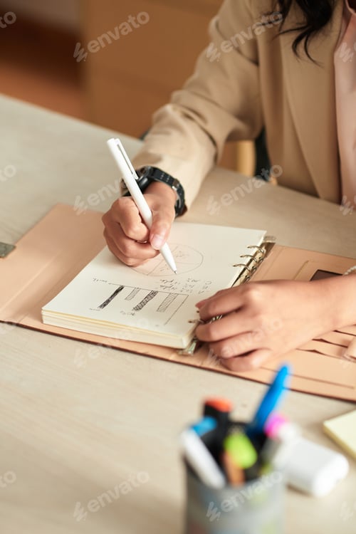 Preview: Woman making business strategy in notepad