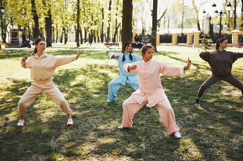 Preview: Wushu students standing in a fighting stance outside
