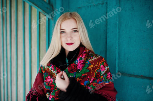 Preview: Blonde girl with hand embroidered scarf posed at winter day. Women's handkerchief.