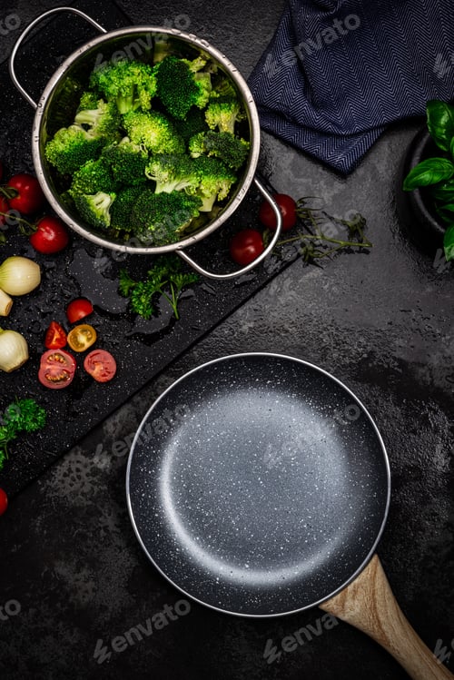 Preview: Empty Pan on Kitchen Counter with Fresh Vegetables. Product Template Mock Up.