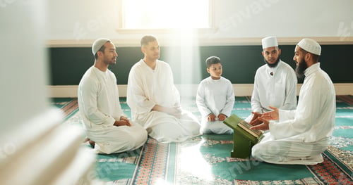 Preview: Muslim, religion and people in mosque for praying, religious education and worship or prayer. Islam