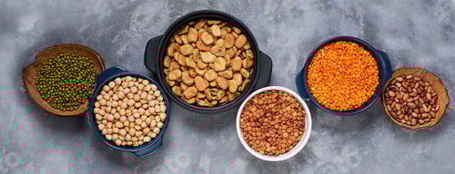 Preview: Various assortment of legumes beans, chickpeas, lentils, green peas.