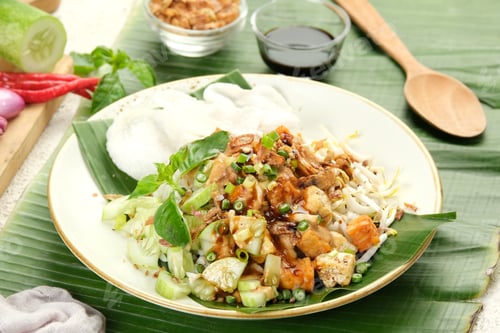 Preview: Nasi Lengko or Sega Lengko or Lengko Rice is a traditional vegetarian food from Cirebon, Indonesia