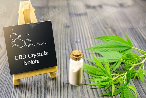 Preview: CBD crystals isolate and chemical structure with hemp leafs