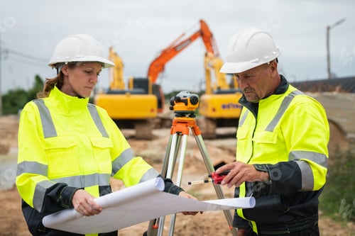 Preview: The survey team is using a theodolite and road construction plans.