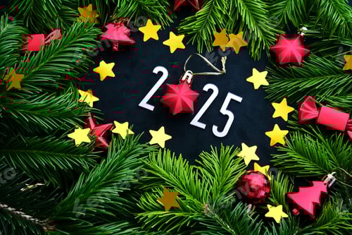 Preview: New Year 2025 background. Number of the coming year in Christmas decoration.