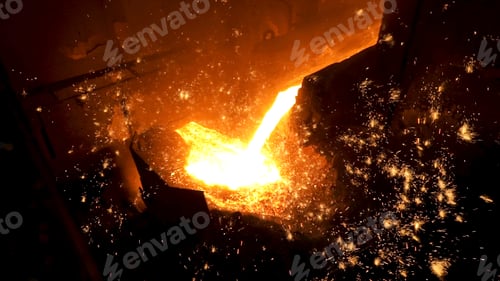 Preview: Pouring of liquid metal in open hearth workshop of the metallurgical plant. Stock footage. Smelting