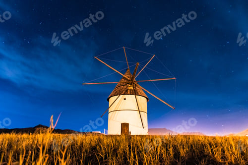 Preview: Molino del Pozo de los Frailes at night in the town of San Jose in Cabo de Gata