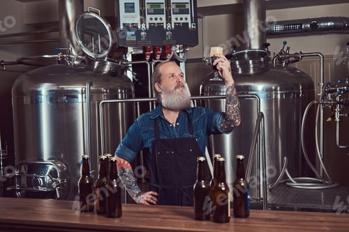 Preview: Tattoed old man looking at glass with beer around steel barrels