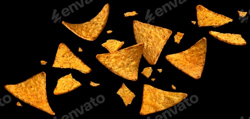 Preview: Falling corn chips, hot Mexican nachos isolated on black background