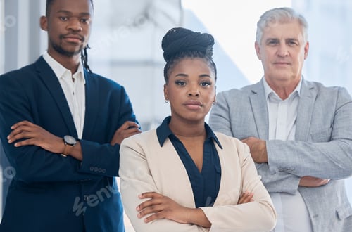 Preview: Portrait, arms crossed and black woman leadership with business people in office for company goals.