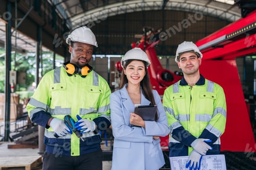 Preview: Three people wearing safety gear and holding tools. Worker industry join hand for collaboration.