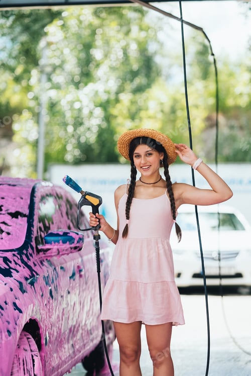 Preview: Woman with hose stands by car covered in pink foam