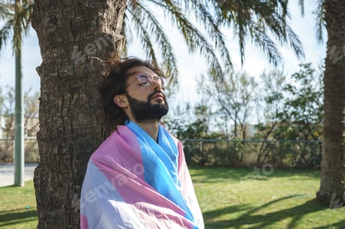 Preview: Man with transgender flag near tree