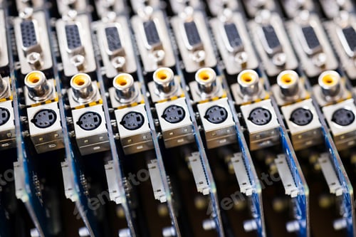 Preview: Close-up blurry metal sockets on a computer video board