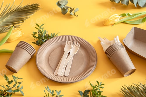 Preview: eco friendly disposable dishes made paper on an orange background.