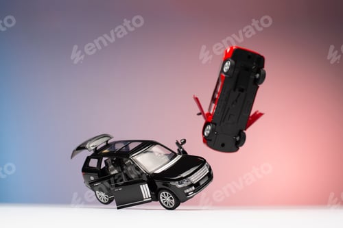 Preview: two cars accident crash on road and approaching police, insurance case, broken toys auto car