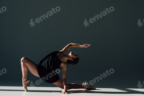 Preview: graceful young ballerina in black dress dancing in sunlight