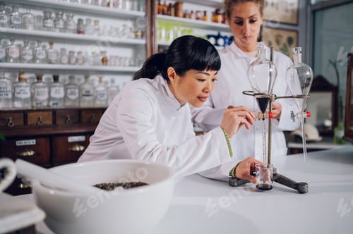 Preview: Interracial chemists are using lag equipment in a pharmacy and making new medicine.