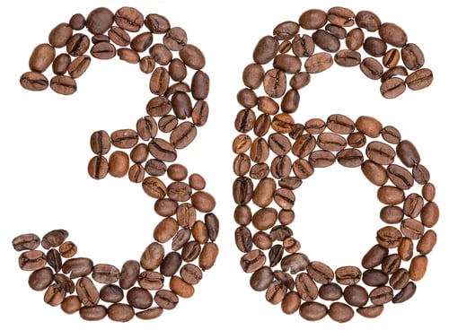 Preview: Arabic numeral 36, thirty six, from coffee beans, isolated on white background