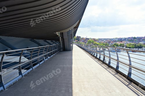 Preview: Empty bridge with blue sky city view. Golden horn subway bringe in Istanbul empty during quuarantine
