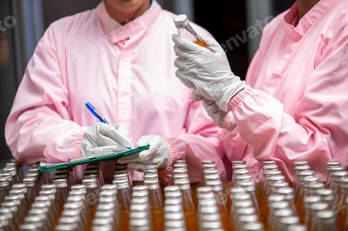 Preview: Asian woman worker with clipboard is checking product bottles of fruit juice on the production line.